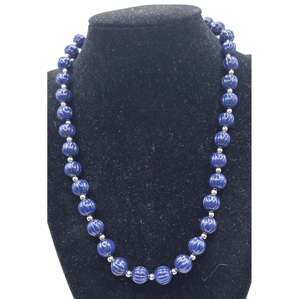 Carved Blue Bead Necklace‎ 18" Vintage Style Gold Tone Spacers